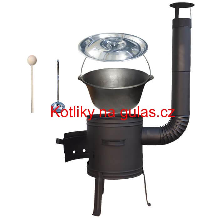 Litinový kotlík 10 L + nízká žáruvzdorná kotlina 33 cm PLUS 700 + vařečka a naběračka