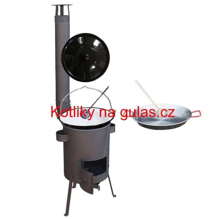 Smaltovaný kotlík 16 L + Paella ocelová pánev 42 cm + žáruvzdorná kotlina 39 PLUS 600 s roštem na popel 4 mm