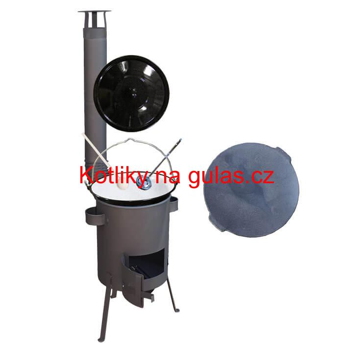 Smaltovaný kotlík 20 L + Litinová pánev 45 cm + žáruvzdorná kotlina 42 PLUS 600 s roštem na popel 4 mm