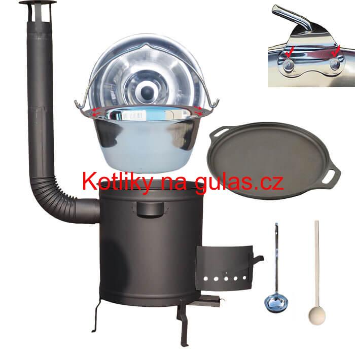 Nerezový kotlík 20 L (0,8 mm) zesílený s nýty + Litinová pánev 43 cm + silnostěnná (1,5 mm) a žáruvzdorná kotlina 42 PLUS 600