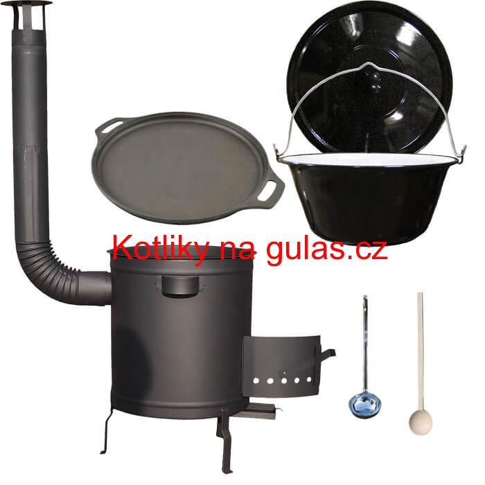 Smaltovaný kotlík 20 L (1,2 mm) + Litinová pánev 43 cm + silnostěnná (1,5 mm) a žáruvzdorná kotlina 42 PLUS 600