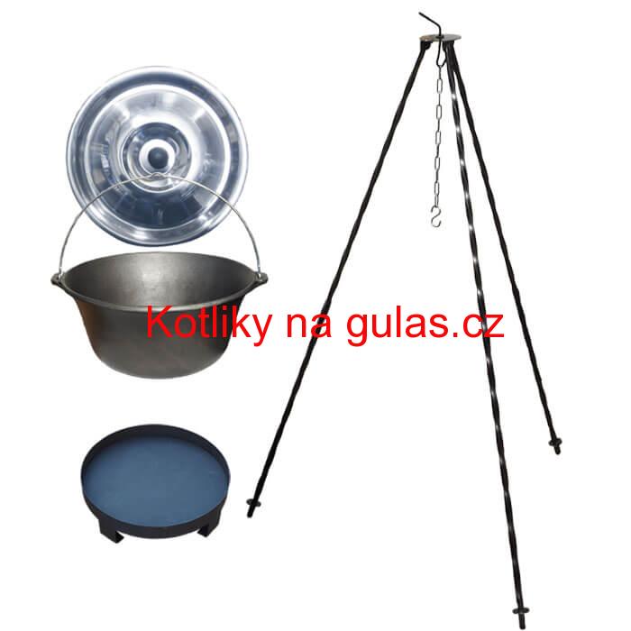 Litinový kotlík 7,2 L + nerezová poklice  + trojnožka 1,2 m + ohniště 36 cm