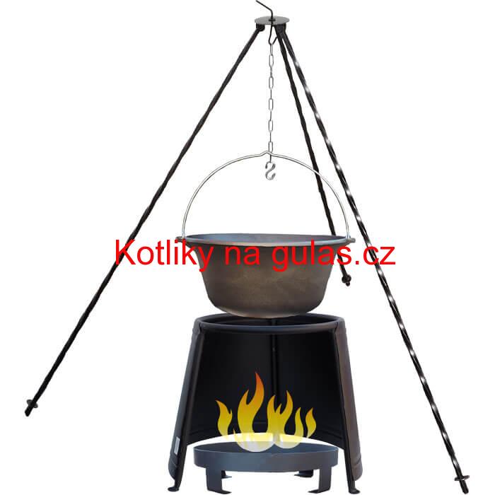 Litinový kotlík 10,8 L + chránič plamene 37 cm + ohniště 36 cm + trojnožka 1,2 m