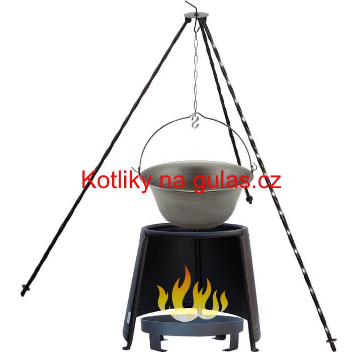 Železný kotlík 14 L (0,75 mm) + chránič plamene 37 cm + ohniště 36 cm + trojnožka 1,2 m