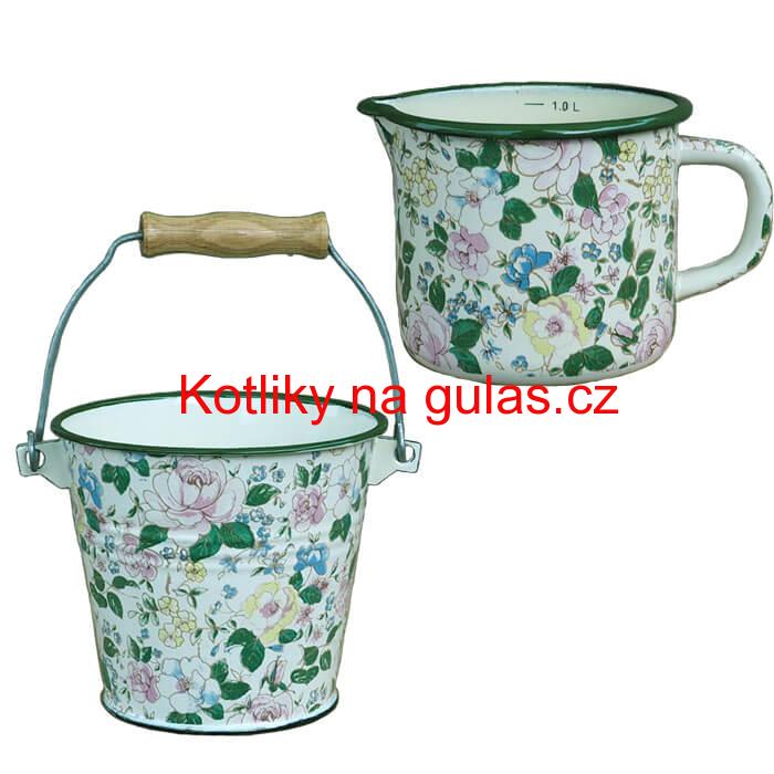Smaltovaný hrnek s výlevkou 1 L + vědro 1 L DECOR