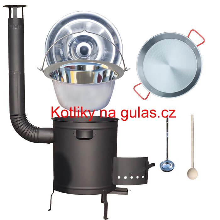 Nerezový kotlík 14 L (0,8 mm) + Paella pánev 38 cm + silnostěnná (1,5 mm) žáruvzdorná kotlina (1,5 mm) 36 PLUS 600