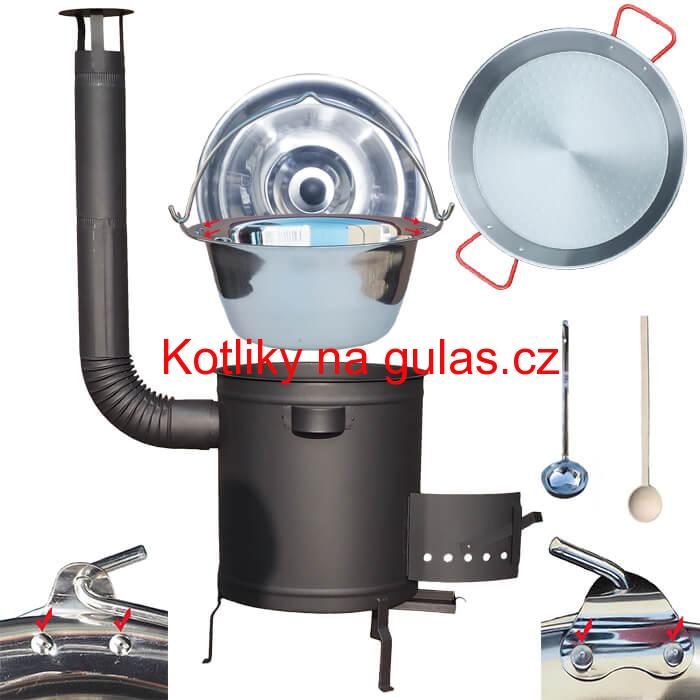 Nerezový kotlík 15 L (0,8 mm) zesílený s nýty + Paella pánev 38 cm + silnostěnná (1,5 mm) žáruvzdorná kotlina 36 PLUS 600