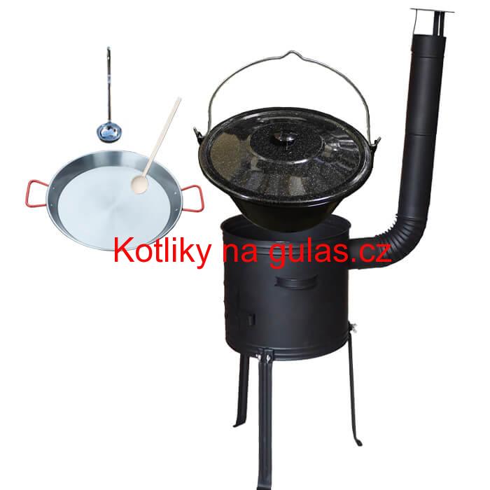 Smaltovaný kotlík 13 L (1,2 mm) + Paella pánev 38 cm + kotlina s vysokými nožičkami 36 cm, žáruvzdorná barva Plus 700