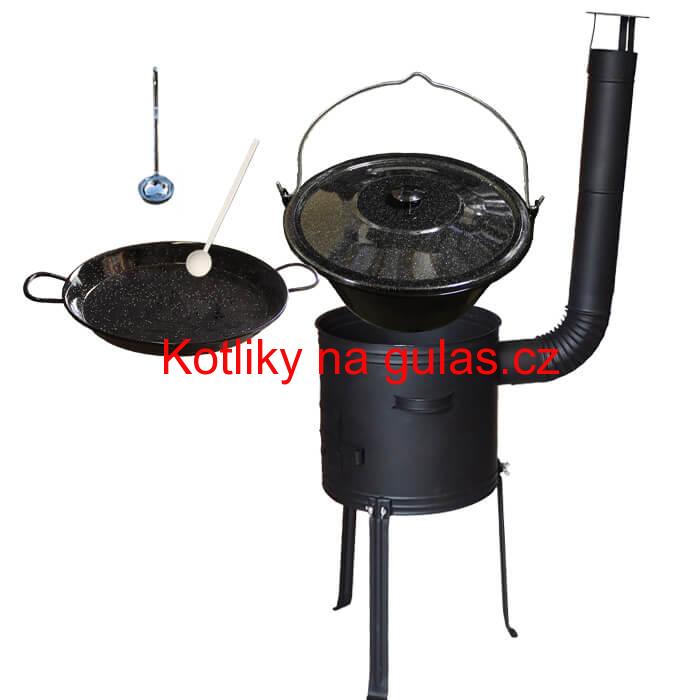 Smaltovaný kotlík 20 L + Paella pánev 46 cm + kovová kotlina s vysokými nožičkami 42 cm, žáruvzdorná barva Plus 700