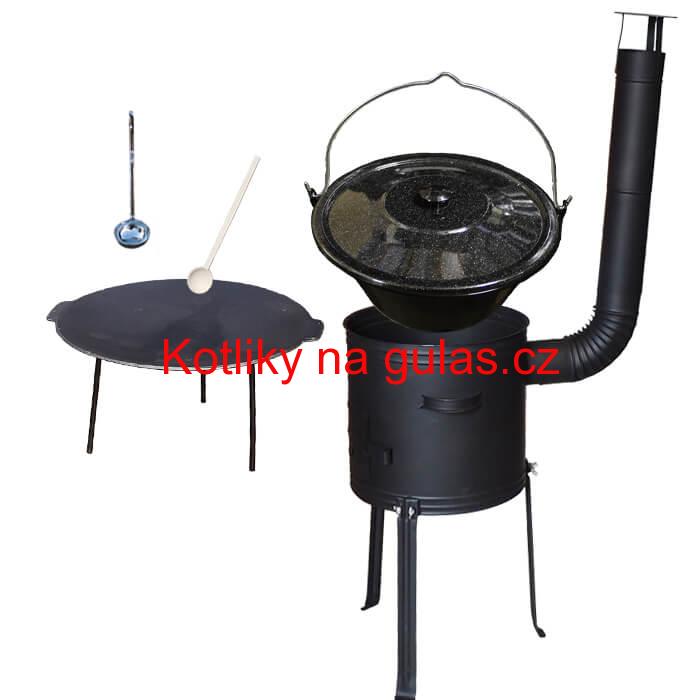 Smaltovaný kotlík 25 L + Litinová pánev 45 cm + kovová kotlina s vysokými nožičkami 42 cm, žáruvzdorná barva Plus 700