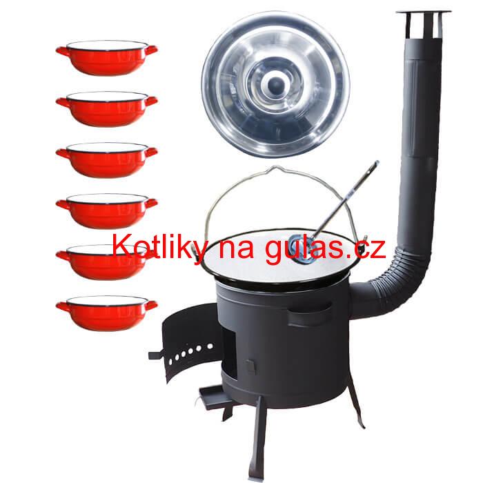 Smaltovaný kotlík 25 L + selské misky 6 ks + nízká žáruvzdorná kotlina 42 cm PLUS 600