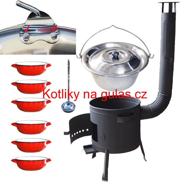 Nerezový kotlík 15 L (0,8 mm) s nýty INOX + selské misky 6 ks + nízká žáruvzdorná kotlina 36 cm PLUS 600