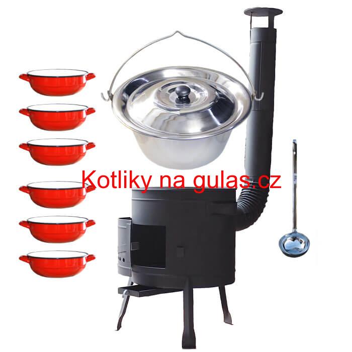 Nerezový kotlík 22 L (0,8 mm) INOX + selské misky 6 ks + nízká žáruvzdorná kotlina 42 cm PLUS 600