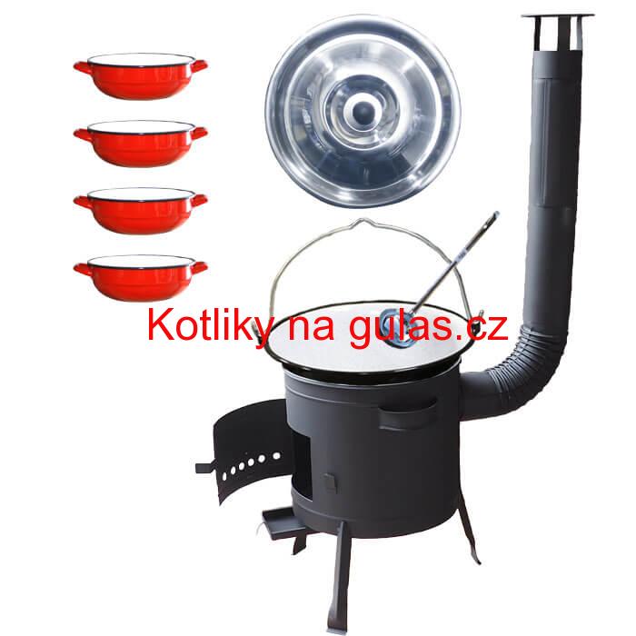Smaltovaný kotlík 16 L + selské misky 4 ks + nízká žáruvzdorná kotlina 39 cm PLUS 600