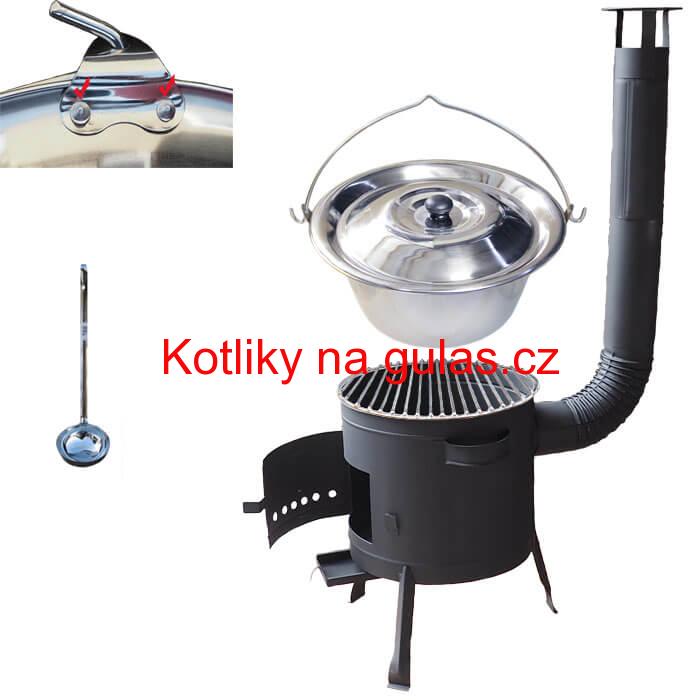 Nerezový kotlík 20 L (0,8 mm) s nýty INOX + Nerezový rošt 45 cm + nízká žáruvzdorná kotlina 42 cm PLUS 600
