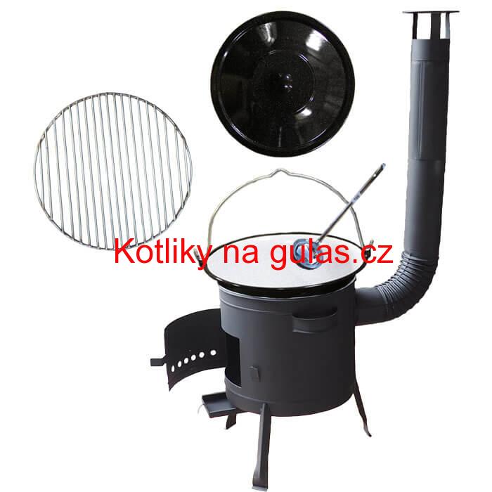 Smaltovaný kotlík 25 L + Nerezový rošt 45 cm + nízká žáruvzdorná kotlina 42 cm PLUS 600