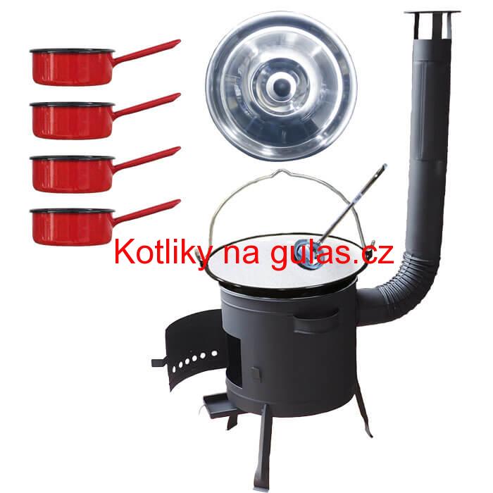 Smaltovaný kotlík 16 L + smaltované rendlíky 4 ks + nízká žáruvzdorná kotlina 39 cm PLUS 600