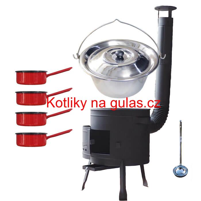 Nerezový kotlík 22 L (0,8 mm) INOX + smaltované rendlíky 4 ks + nízká žáruvzdorná kotlina 42 cm PLUS 600