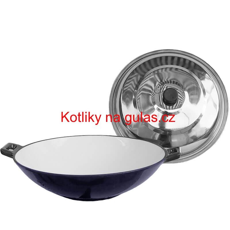 Litinový wok – smaltovaný povrch 37 cm + nerezová poklice