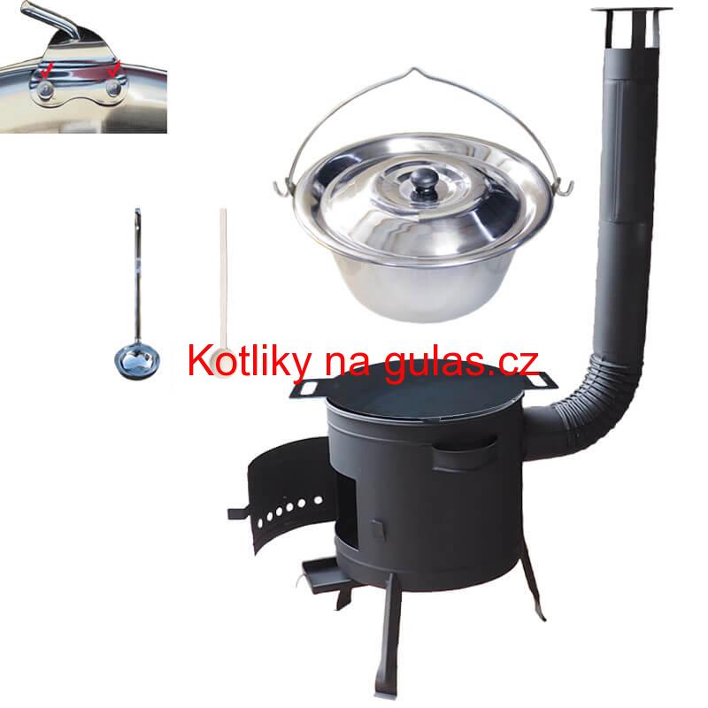 Nerezový kotlík 15 L (0,8 mm) s nýty + železná pánev 38 cm UNI + kotlina 36 cm PLUS 600