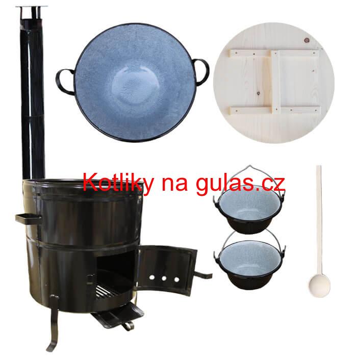 Zabijačkový smaltovaný kotel 100 L + kovová kotlina 58 cm + 2 servírovací kotlíky  a kouřovod