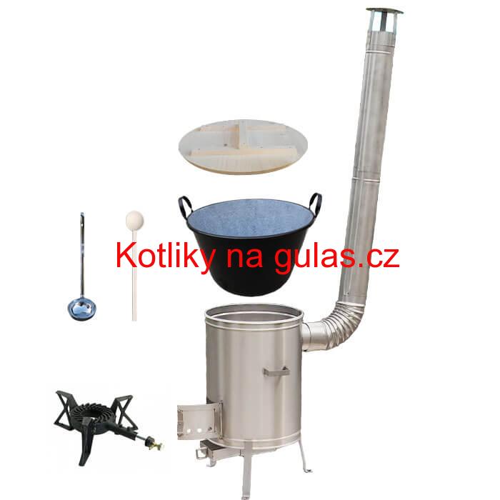 Zabijačkový smaltovaný kotel 100 L + nerezová kotlina 60 cm + hořák 7 kW + vařečka a naběračka