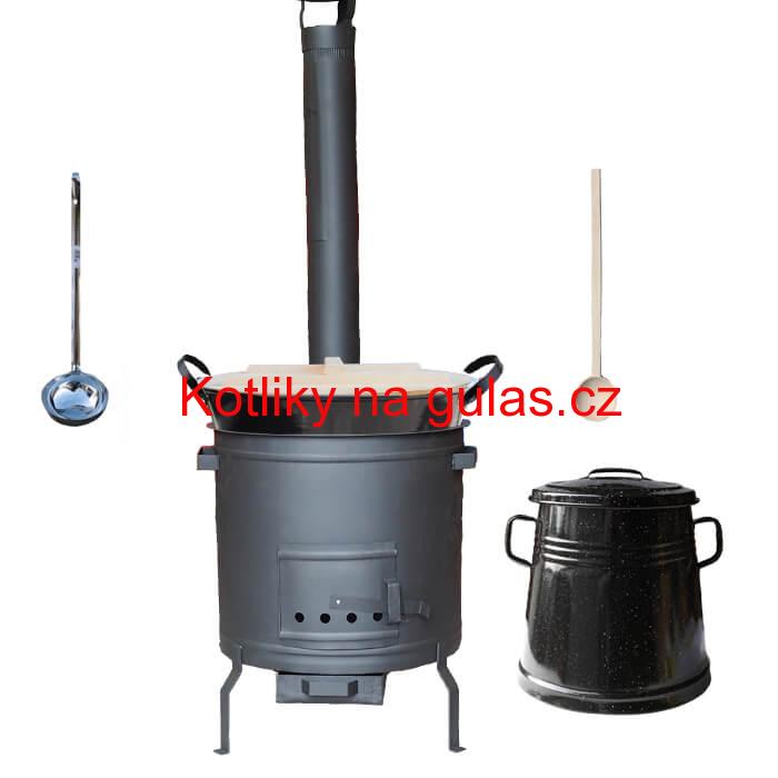 Smaltovaný kotel 100 L + žáruvzdorná kotlina 60 cm PLUS 600 + Nádoba na sádlo 10 L