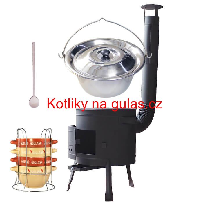 Nerezový kotlík 22 L (0,8 mm) INOX + misky na guláš 4 ks + nízká žáruvzdorná kotlina 42 PLUS 600