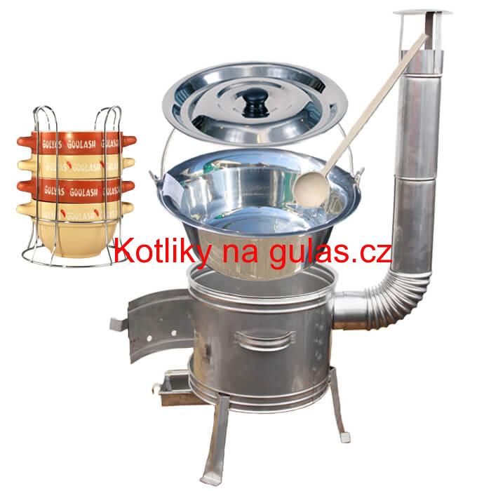Nerezový kotlík 22 L (0,8 mm) INOX + misky na guláš 4 ks + nerezová kotlina 42 cm TOPLUX