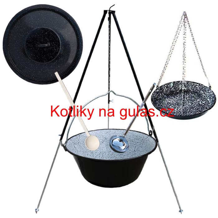 Smaltovaný kotlík 30 L + pánev na grilování + teleskopická trojnožka