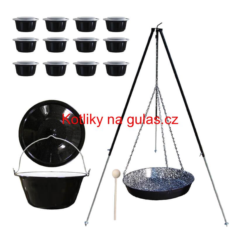Smaltovaný kotlík 30 L + pánev na grilování + teleskopická trojnožka + misky 12 ks