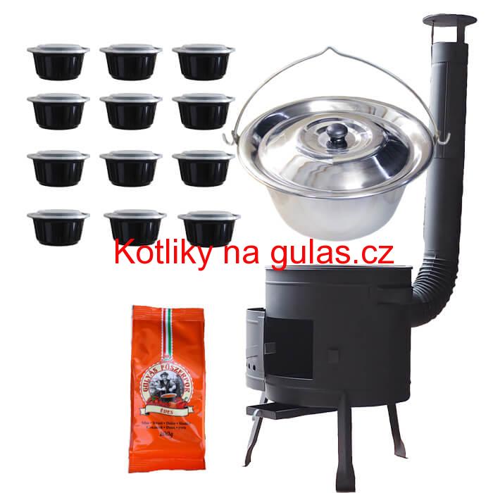 Nerezový kotlík 22 L (0,8 mm) + pepř na guláš 100 g + misky 12 ks + nízká žáruvzdorná kotlina (0,8 mm) 42 PLUS 600