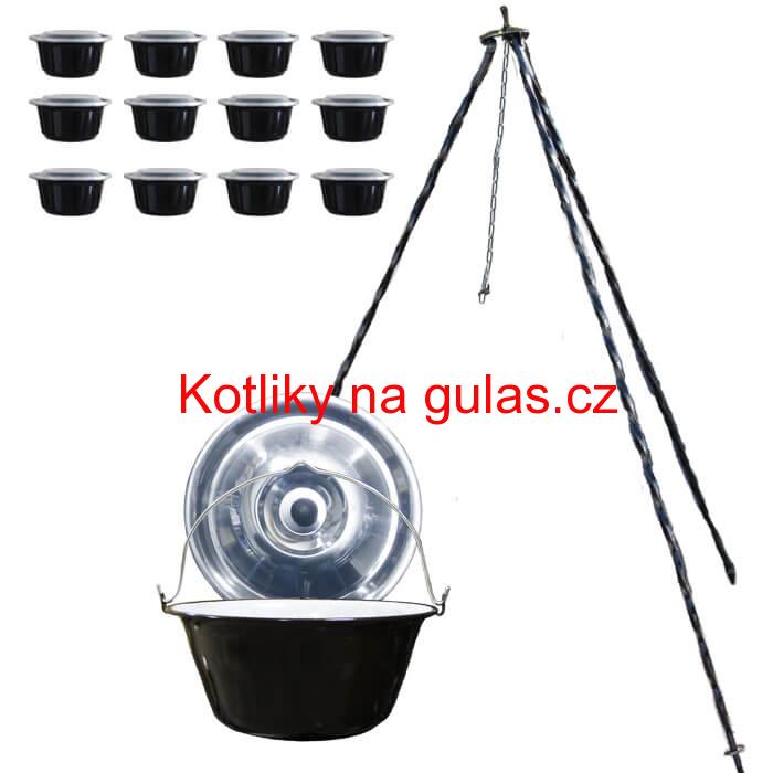 Smaltovaný kotlík 10 L (1,2 mm) + nerezová poklice + trojnožka 1,20 m + misky 12 ks