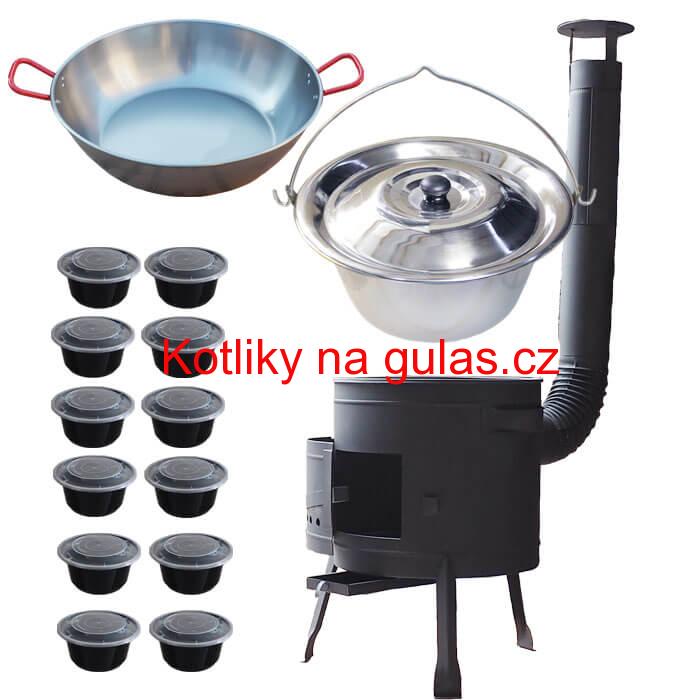 Nerezový kotlík 22 L (0,8 mm) INOX + Pánev PAELLA (WOK) 45 cm + misky 12 ks + nízká kotlina 42 PLUS 600
