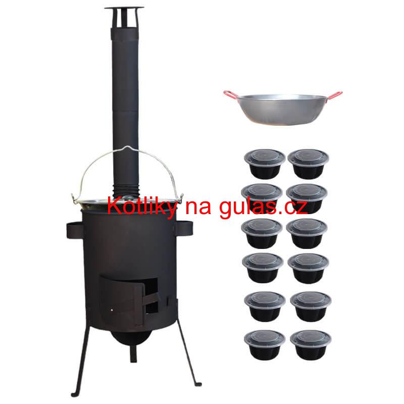 Smaltovaný kotlík 22 L + Pánev PAELLA (WOK) 45 cm + misky 12 ks + žáruvzdorná kotlina 42 PLUS 600 s roštem na popel 4 mm