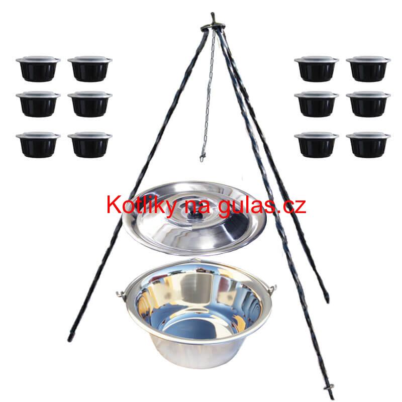 Nerezový kotlík 8 L (0,8 mm) INOX + poklice + trojnožka 1,20 m + misky 12 ks