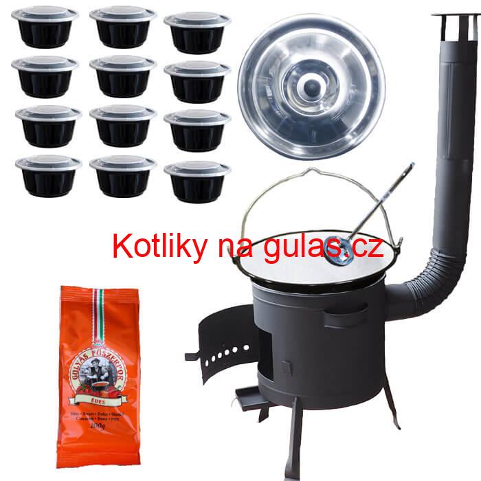 Smaltovaný kotlík 25 L (1,2 mm) + poklice + misky 12 ks + nízká žáruvzdorná kotlina (0,8 mm) 42 PLUS 600