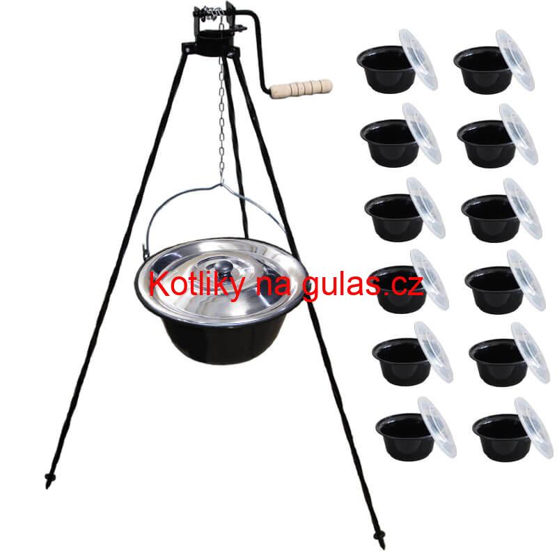 Smaltovaný kotlík 25 L + stojan s kladkou VAR + misky 12 ks