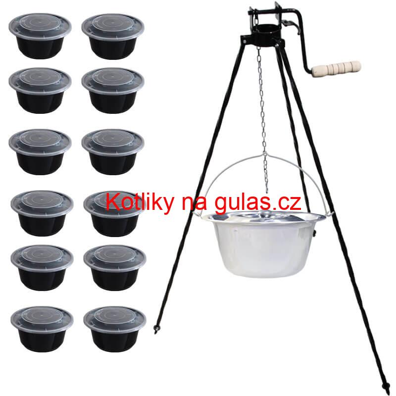 Nerezový kotlík 14 L (0,8 mm) INOX + stojan s kladkou VAR + misky 12 ks