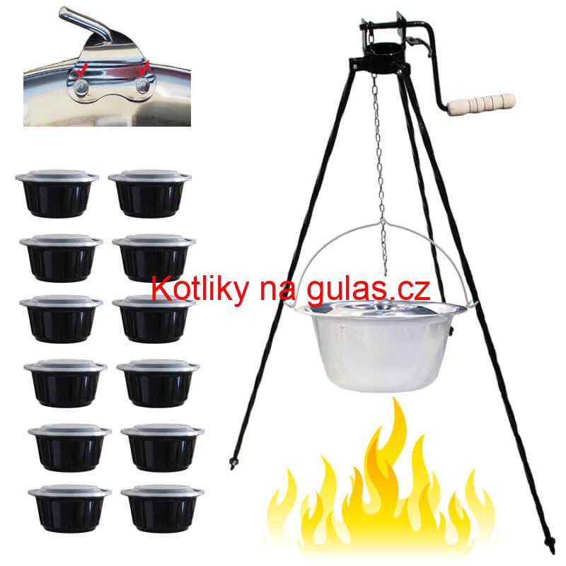 Nerezový kotlík 15 L (0,8 mm) s nýty + stojan s kladkou VAR + misky 12 ks