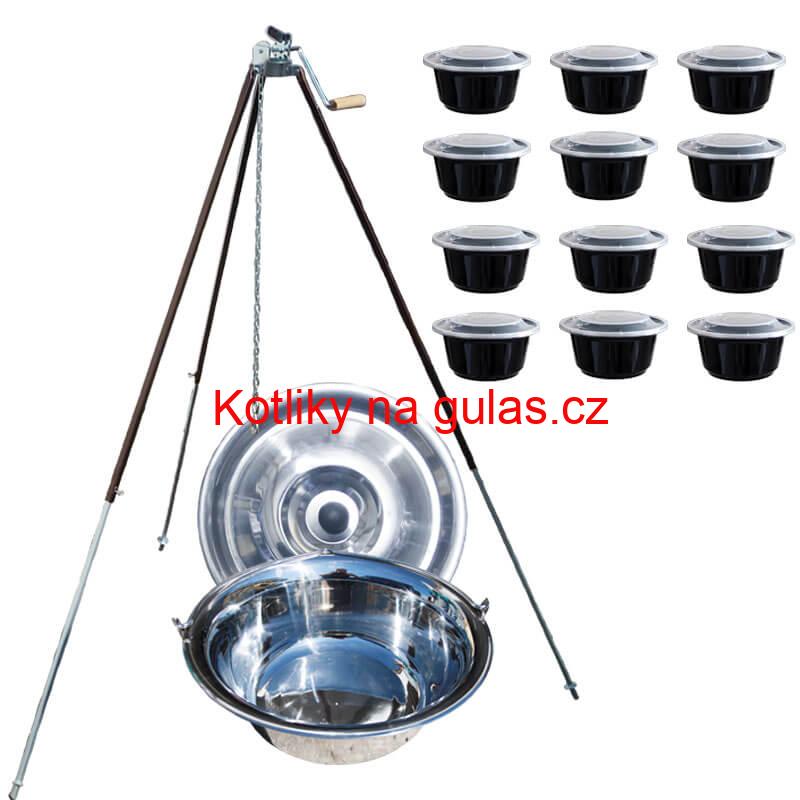 Nerezový kotlík 20 L (1,2 mm) + teleskopická trojnožka s pojistnou kladkou + misky 12 ks