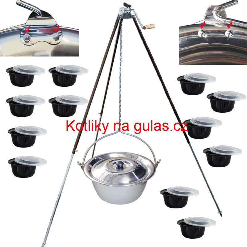 Nerezový kotlík 30 L (0,8 mm) s nýty + teleskopická trojnožka s pojistnou kladkou + misky 12 ks