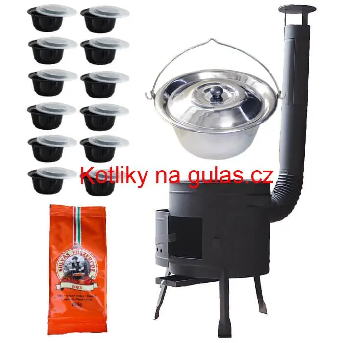 Nerezový kotlík 22 L (0,8 mm) INOX + silnostěnná (1,5 mm) žáruvzdorná kotlina BALKY STRONG 42 PLUS 600 + misky 12 ks + paprikové koření na guláš 100 g