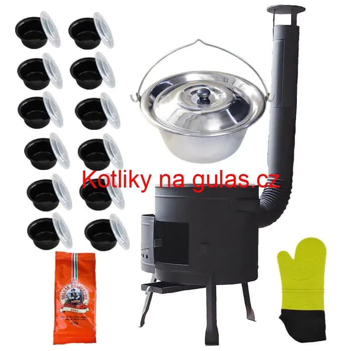 Nerezový kotlík 22 L (0,8 mm) + misky 12 ks + nízká žáruvzdorná kotlina (1,0 mm) 42 PLUS 600