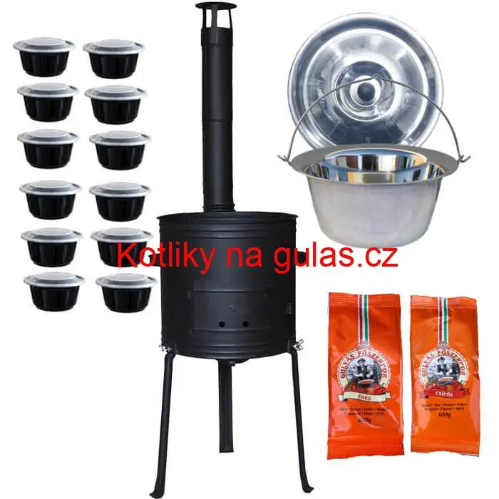 Nerezový kotlík 22 L (0,8 mm) INOX + žáruvzdorná kotlina 42 cm Plus 700 + misky 12 ks + 2 x pepř na guláš 100 g