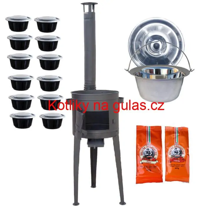 Nerezový kotlík 22 L (0,8 mm) INOX + vysoká žáruvzdorná kotlina 42 cm PLUS 600 + misky 12 ks + 2 x pepř na guláš 100 g