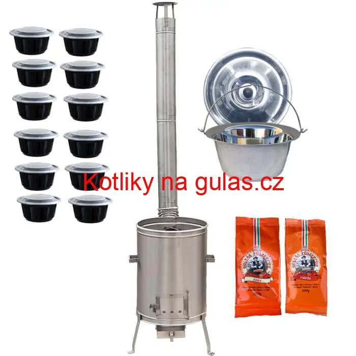 Nerezový kotlík 22 L (0,8 mm) INOX + nerezová kotlina 42 cm LUX + misky 12 ks + 2 x pepř na guláš 100 g