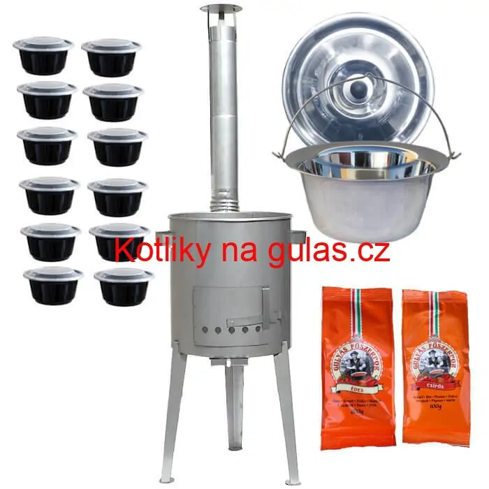 Nerezový kotlík 22 L (0,8 mm) INOX + nerezová kotlina 42 cm LUXUS + misky 12 ks + 2 x pepř na guláš 100 g