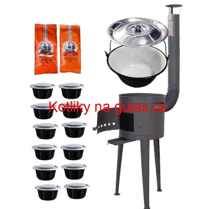 Smaltovaný kotlík 22 L (1,2 mm) + vysoká žáruvzdorná kotlina (1,5 mm) HODO 42 cm PLUS 600 + misky 12 ks + 2 x pepř na guláš 100 g
