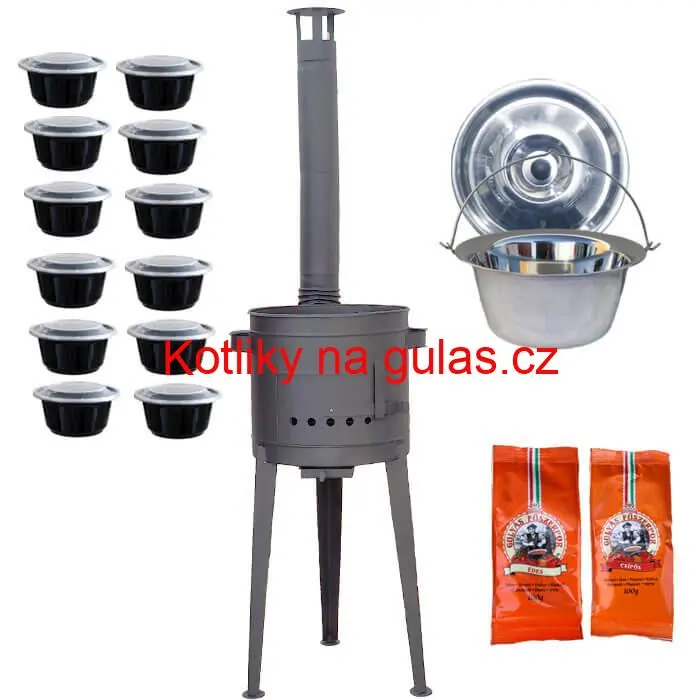Nerezový kotlík 22 L (0,8 mm) INOX + vysoká žáruvzdorná kotlina (1,5 mm) HODO 42 cm PLUS 600 + misky 12 ks + 2 x pepř na guláš 100 g